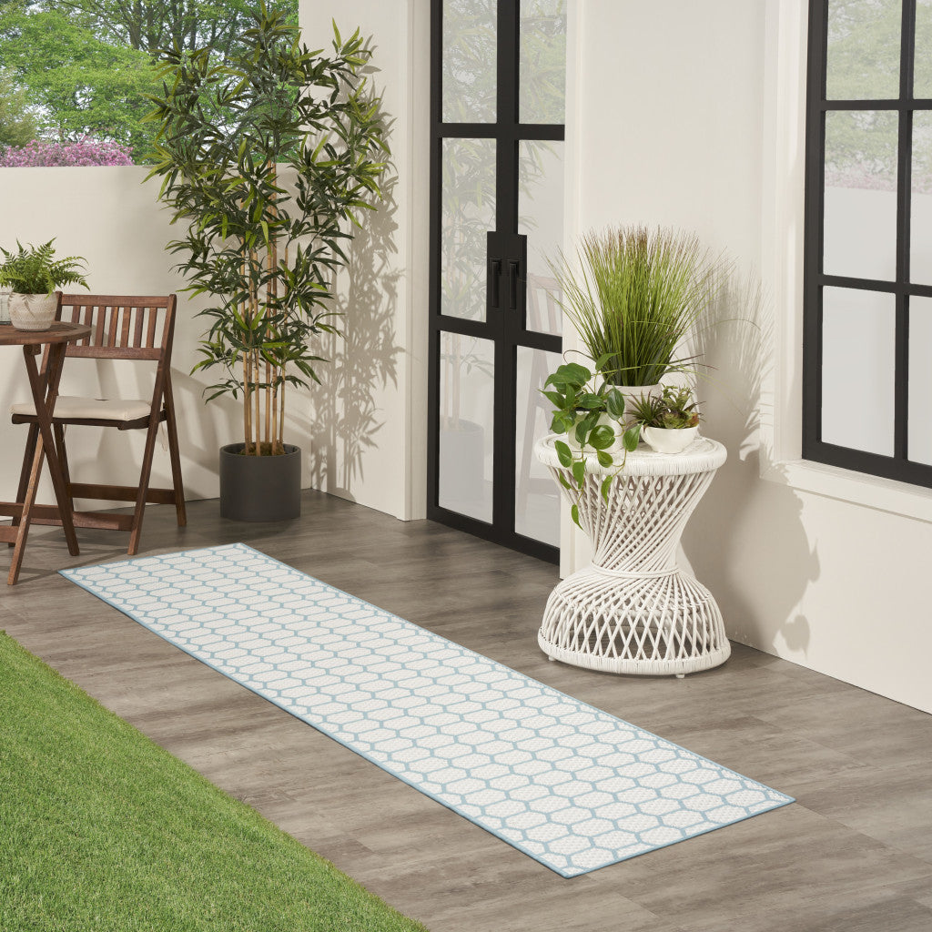 10' Aqua And White Geometric Indoor Outdoor Runner Rug Homeroots Outdoor