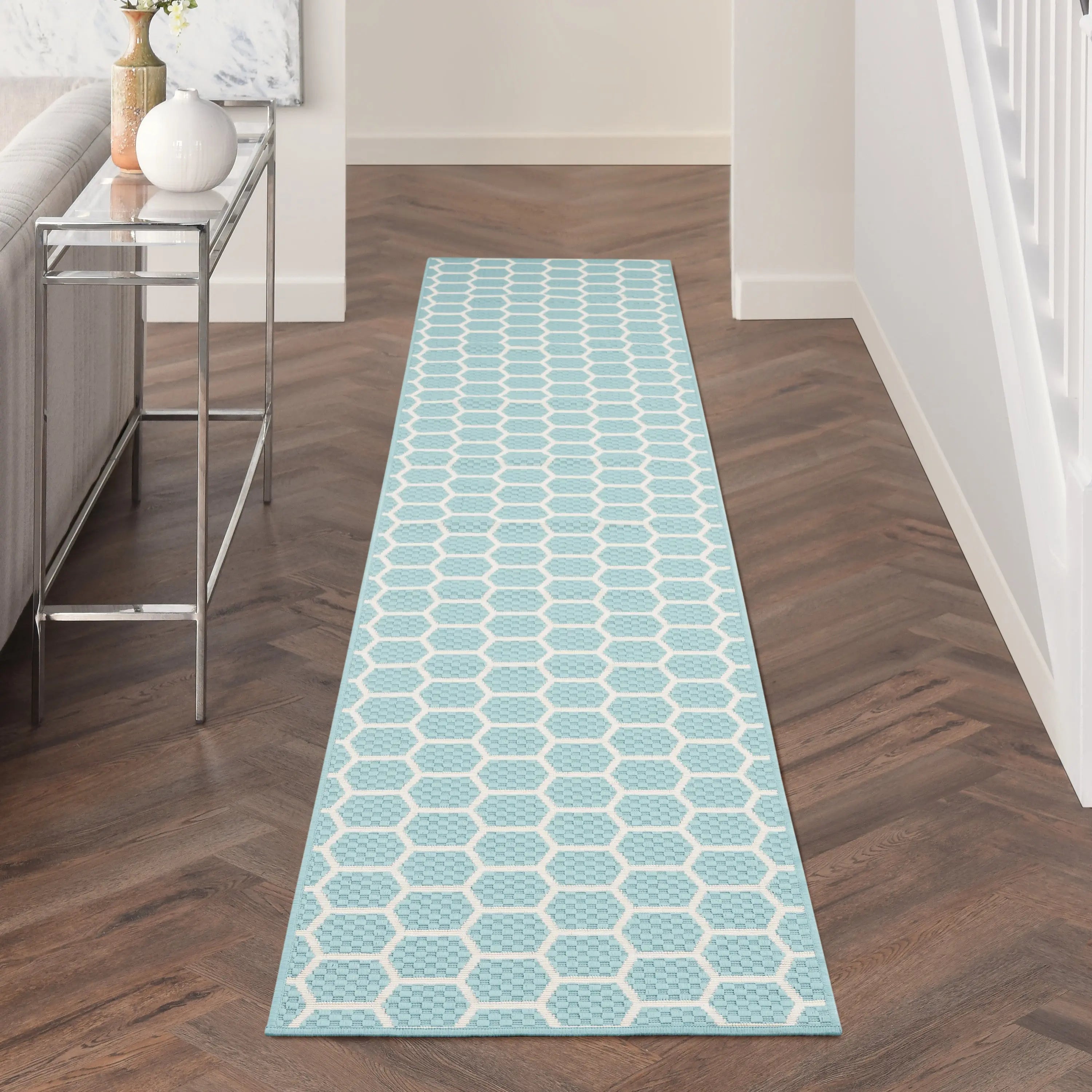 10' Aqua And White Geometric Indoor Outdoor Runner Rug Homeroots Outdoor
