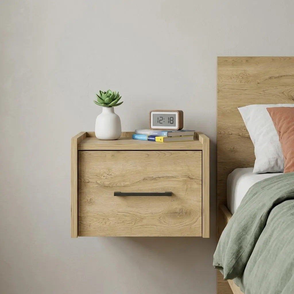 10" Beige One Drawer Faux Wood Floating Nightstand Homeroots Bed & Bath