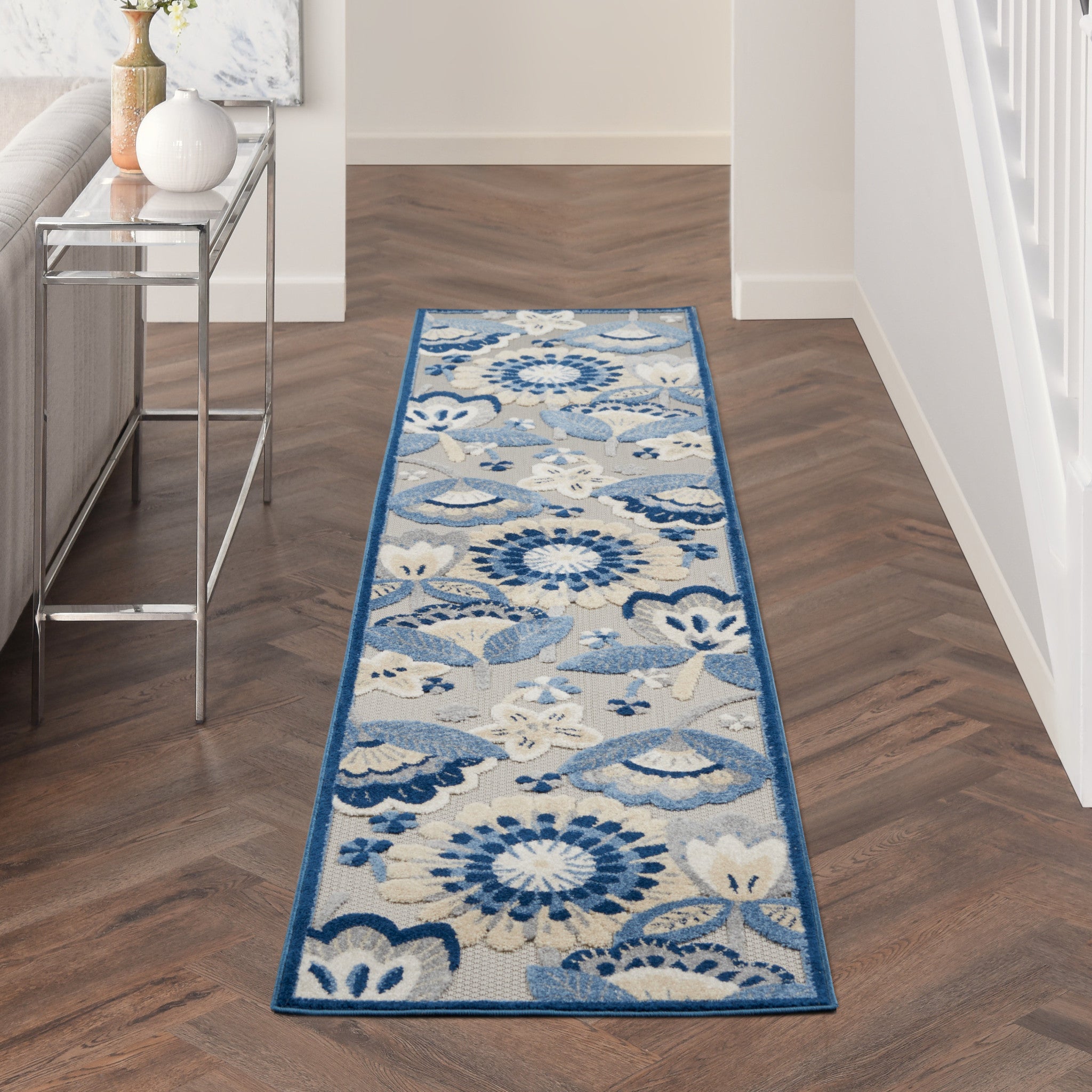 10' Blue And Gray Indoor Outdoor Runner Rug - GreatEagleInc