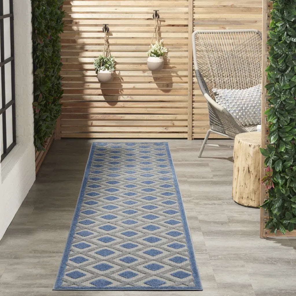 10' Blue And Gray Indoor Outdoor Runner Rug - GreatEagleInc