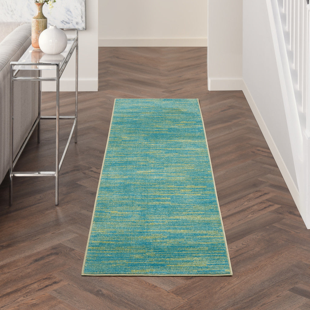 10' Blue And Green Indoor Outdoor Runner Rug - GreatEagleInc