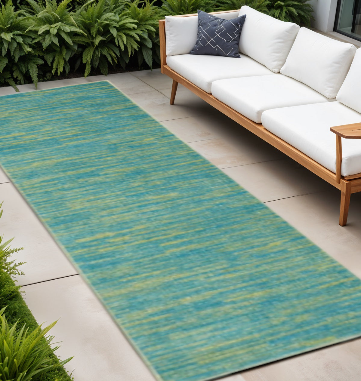 10' Blue And Green Indoor Outdoor Runner Rug - GreatEagleInc