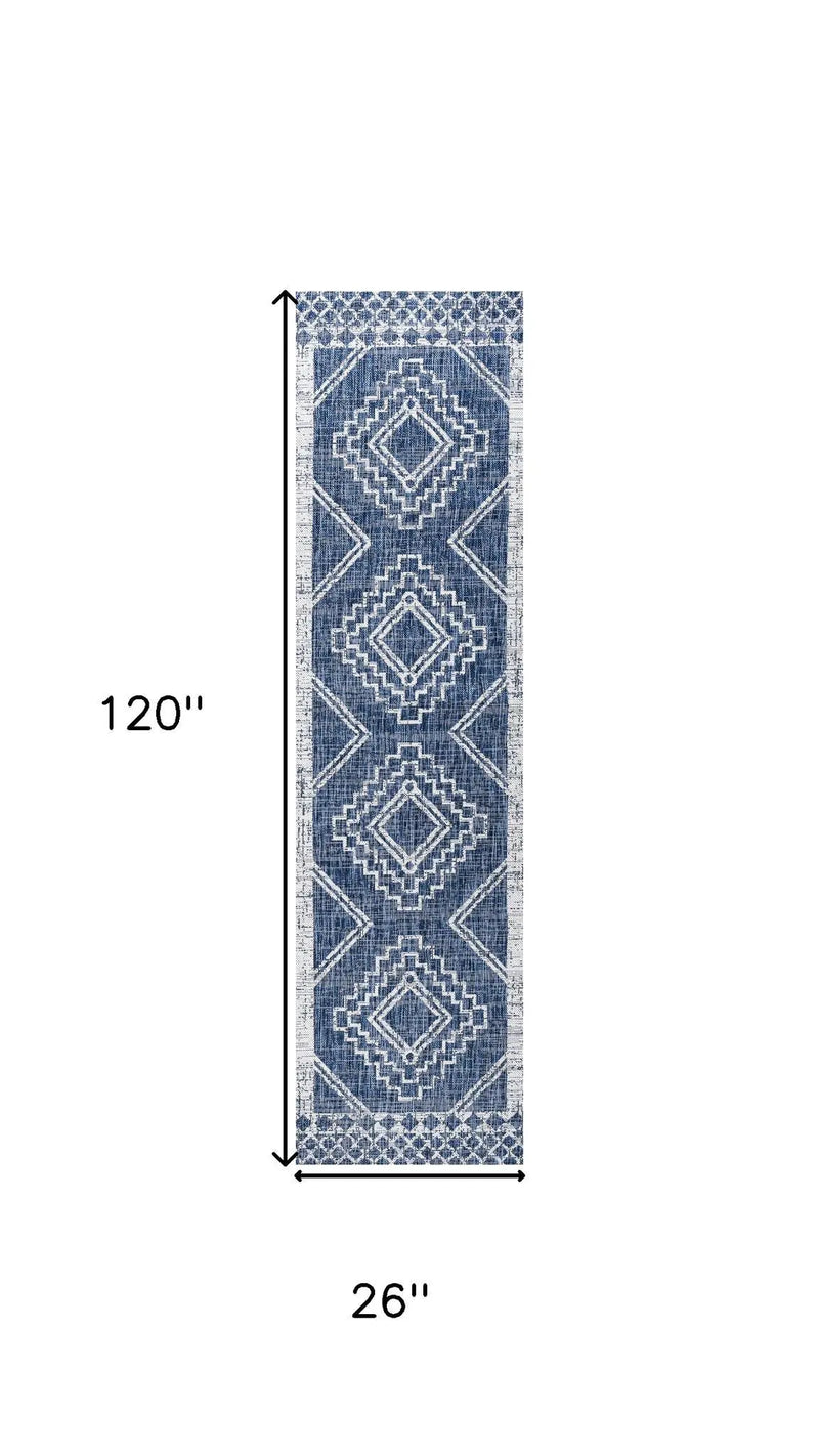 10' Blue And Ivory Moroccan Indoor Outdoor Runner Rug Homeroots Outdoor
