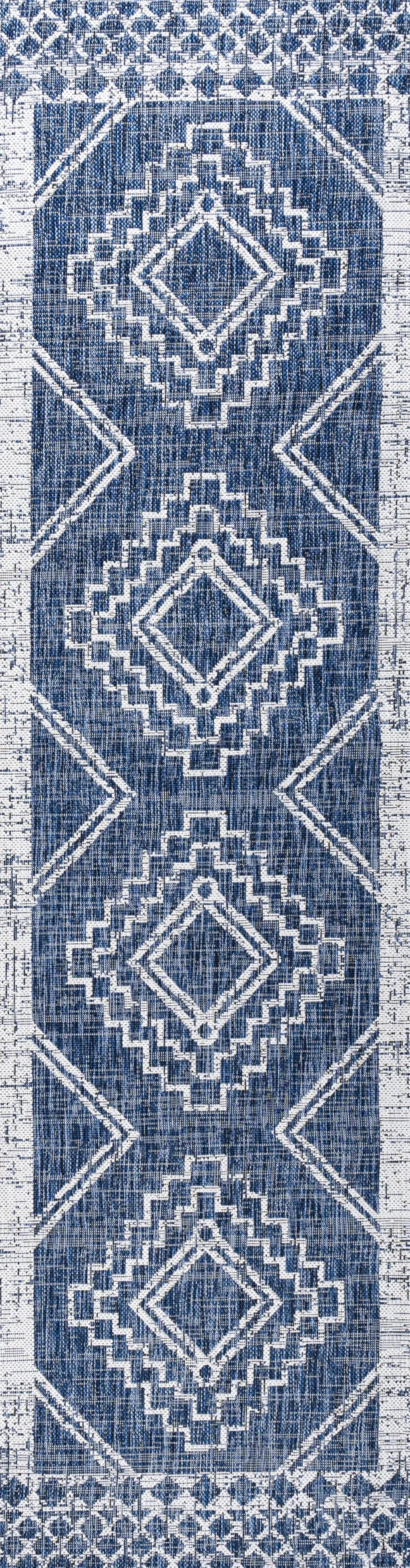 10' Blue And Ivory Moroccan Indoor Outdoor Runner Rug Homeroots Outdoor