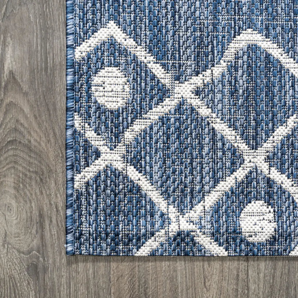 10' Blue And Ivory Trellis Indoor Outdoor Runner Rug Homeroots Outdoor