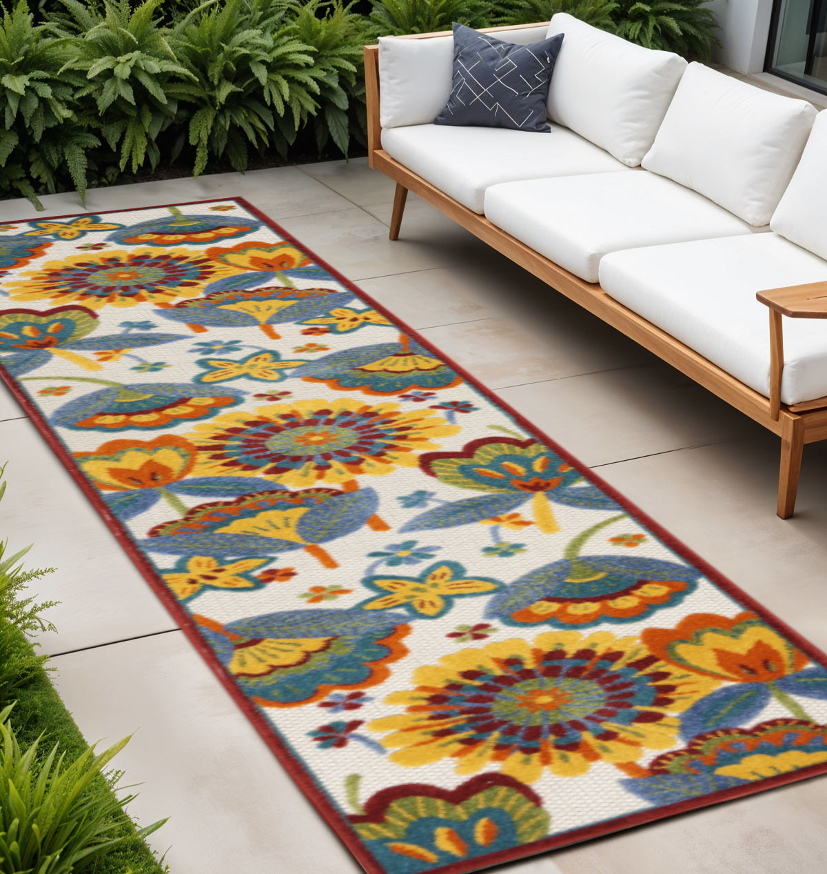 10' Blue And Yellow Indoor Outdoor Runner Rug - GreatEagleInc