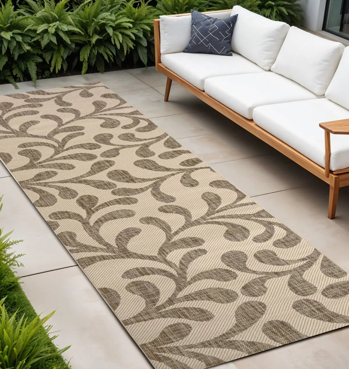 10' Brown And Beige Floral Indoor Outdoor Runner Rug Homeroots Outdoor