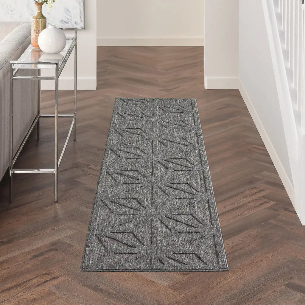10' Dark Gray And Light Gray Geometric Indoor Outdoor Runner Rug - GreatEagleInc
