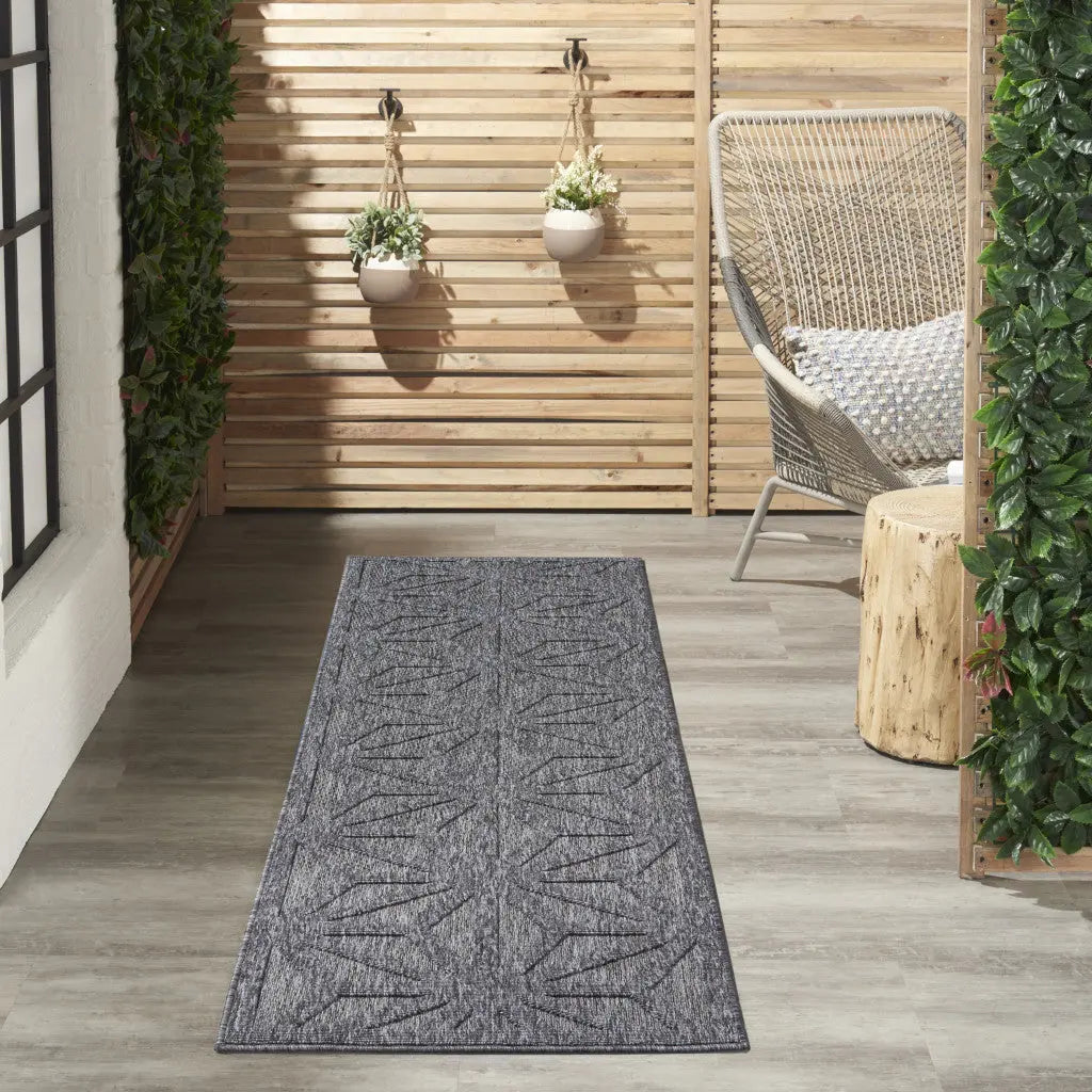 10' Dark Gray And Light Gray Geometric Indoor Outdoor Runner Rug - GreatEagleInc