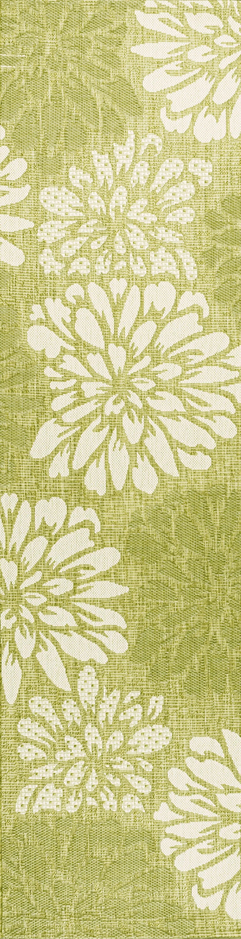 10' Green And Cream Floral Indoor Outdoor Runner Rug Homeroots Outdoor