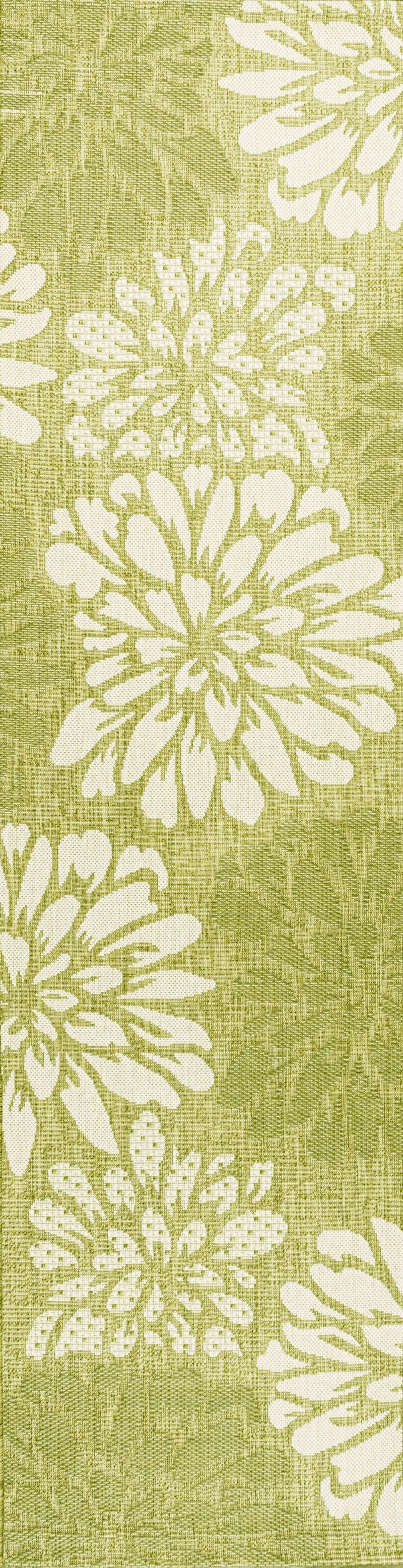 10' Green And Cream Floral Indoor Outdoor Runner Rug Homeroots Outdoor