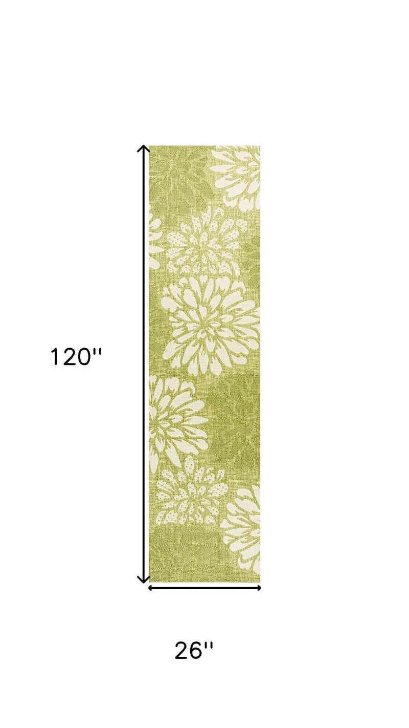 10' Green And Cream Floral Indoor Outdoor Runner Rug Homeroots Outdoor