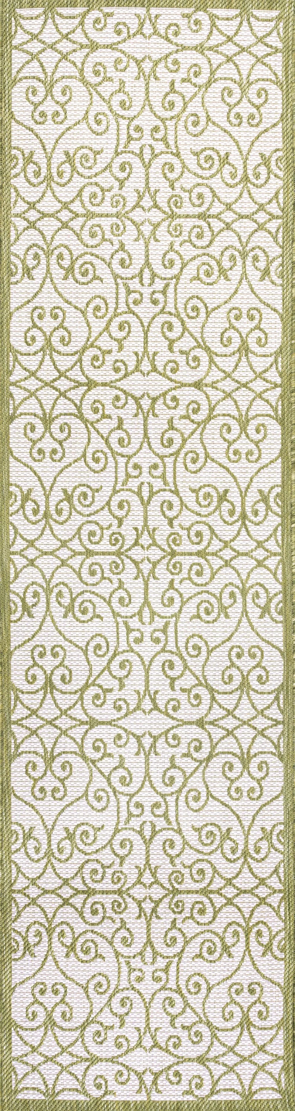 10' Green And Cream Geometric Indoor Outdoor Runner Rug Homeroots Outdoor