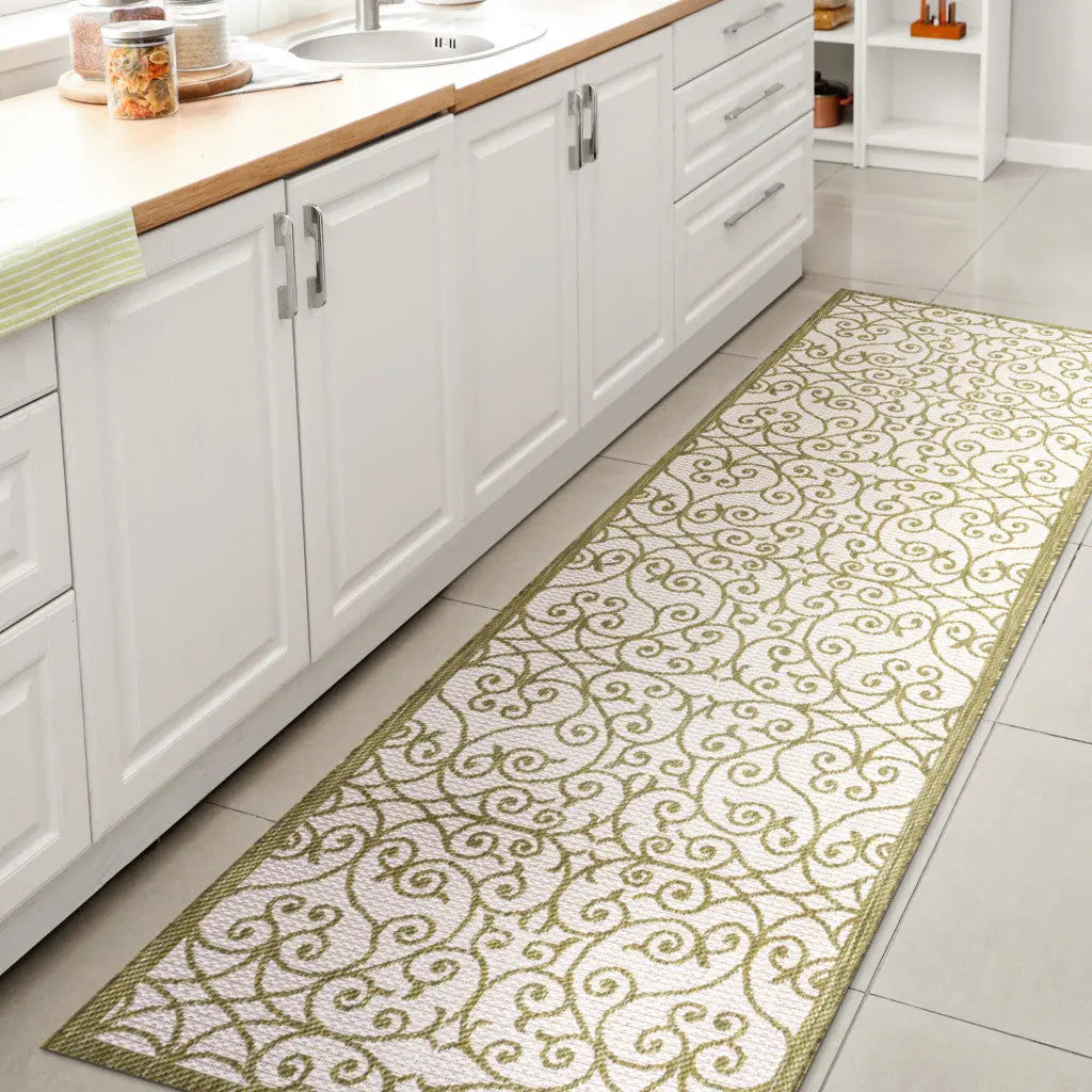 10' Green And Cream Geometric Indoor Outdoor Runner Rug Homeroots Outdoor