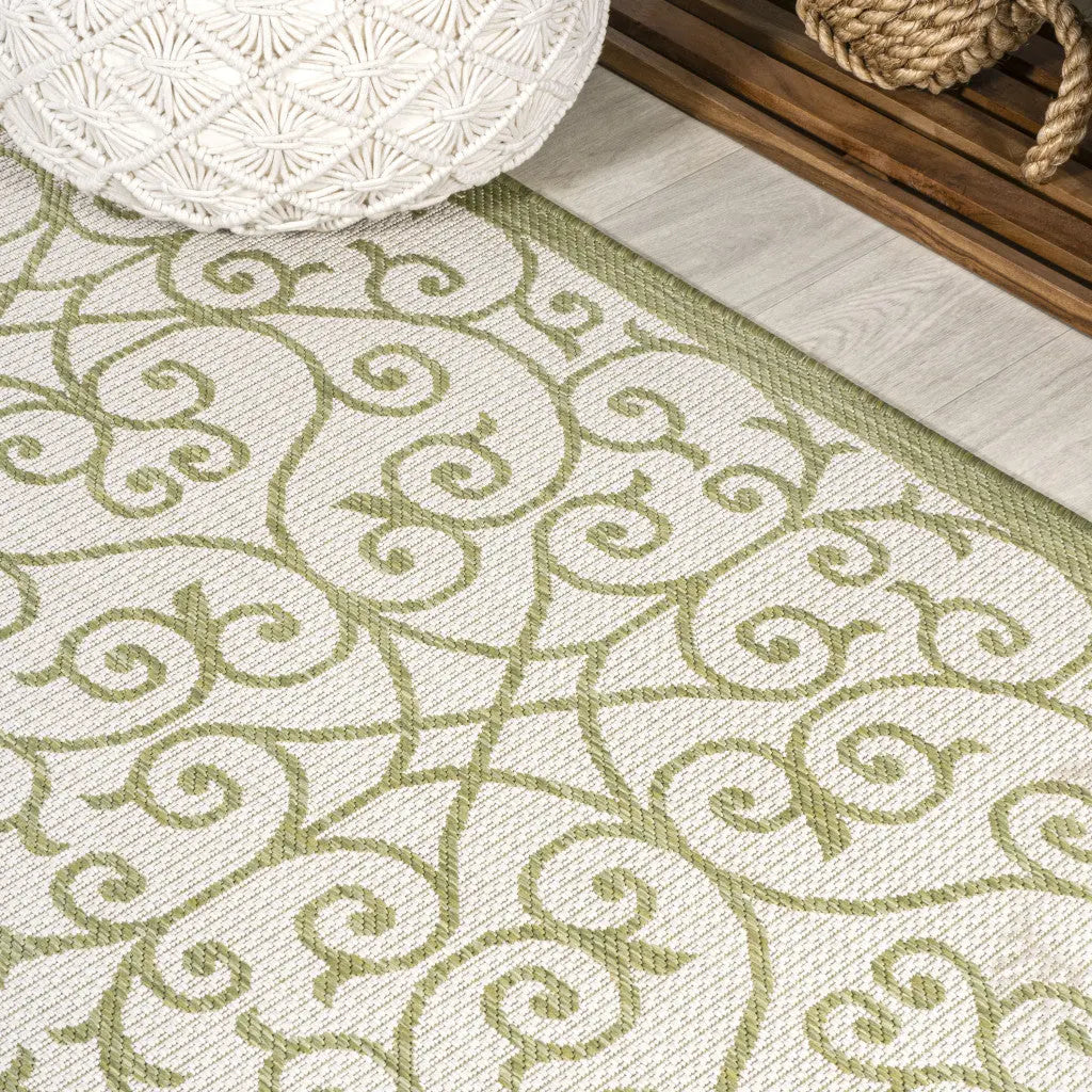 10' Green And Cream Geometric Indoor Outdoor Runner Rug Homeroots Outdoor
