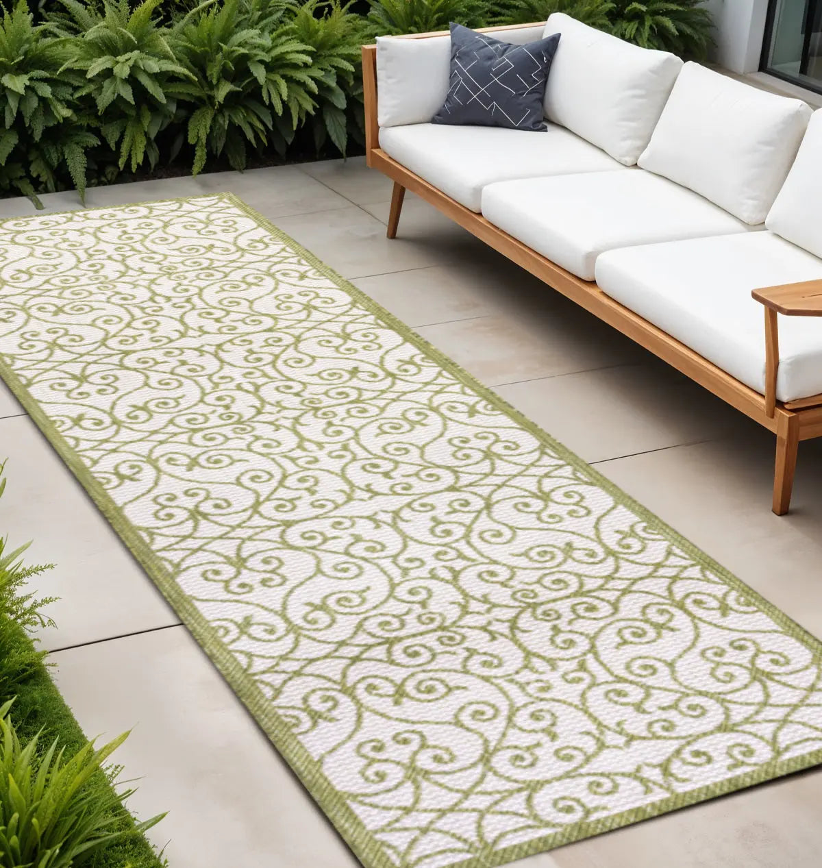 10' Green And Cream Geometric Indoor Outdoor Runner Rug Homeroots Outdoor