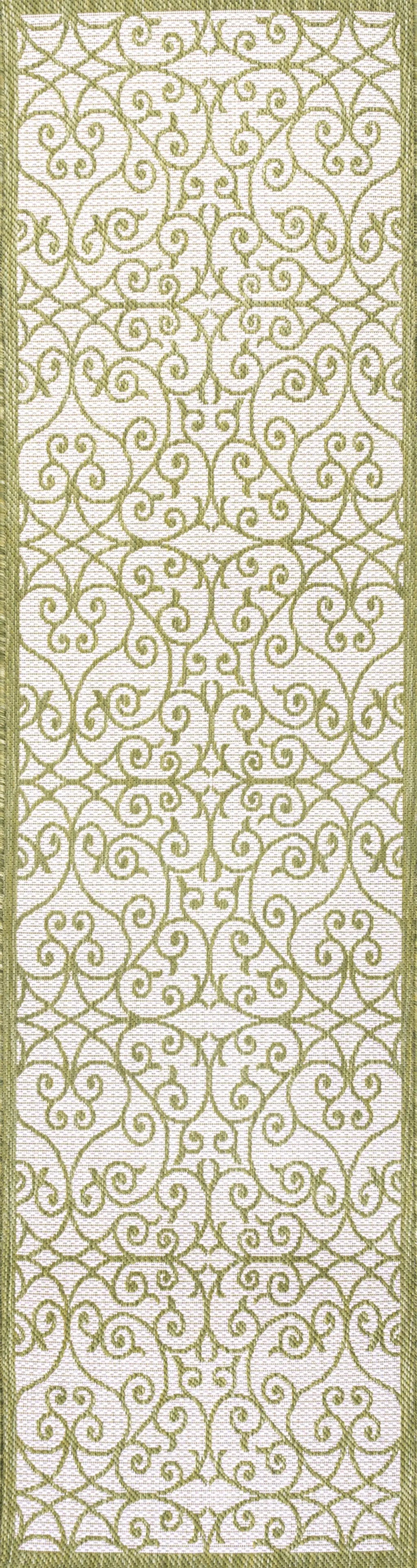 10' Green And Cream Geometric Indoor Outdoor Runner Rug Homeroots Outdoor