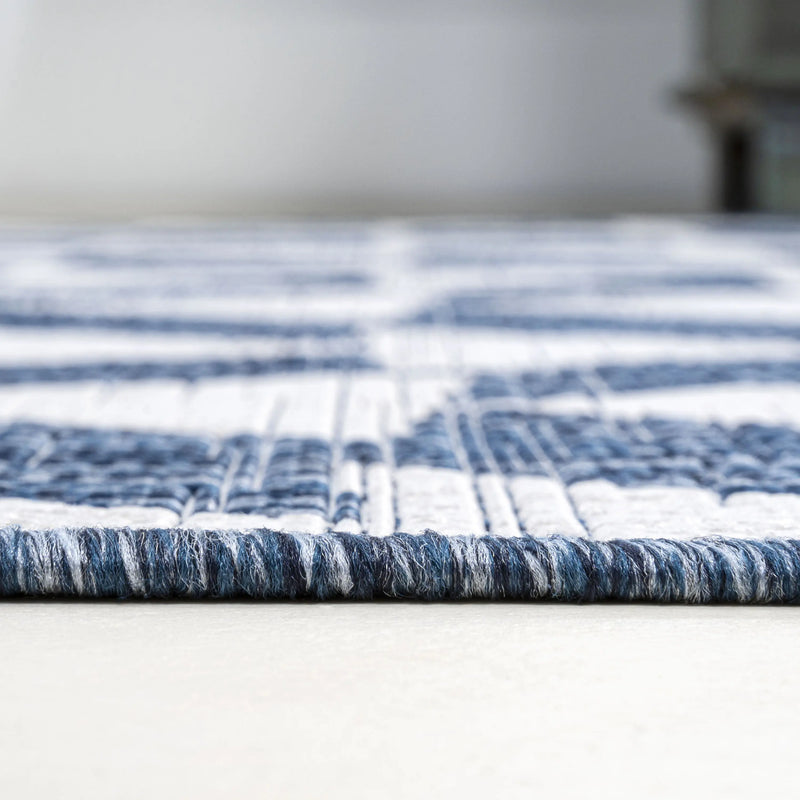 10' Ivory And Blue Geometric Indoor Outdoor Runner Rug Homeroots Outdoor