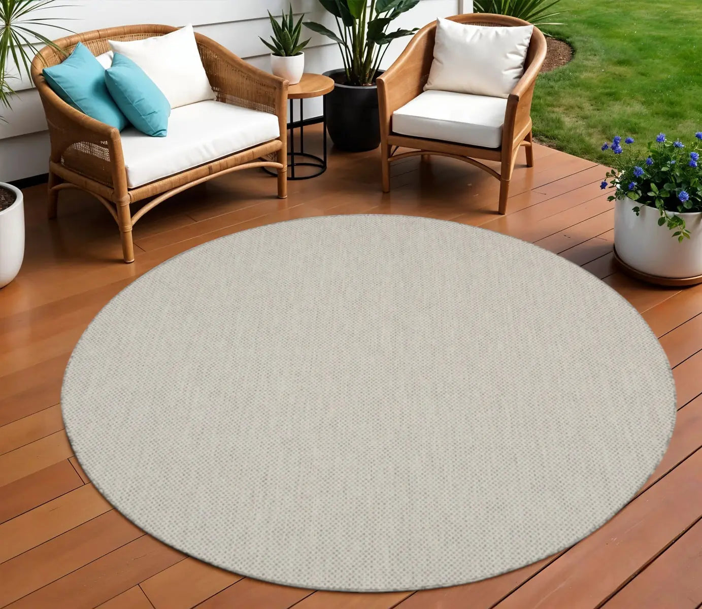 10' Ivory And Gray Round Geometric Indoor Outdoor Area Rug Homeroots Outdoor