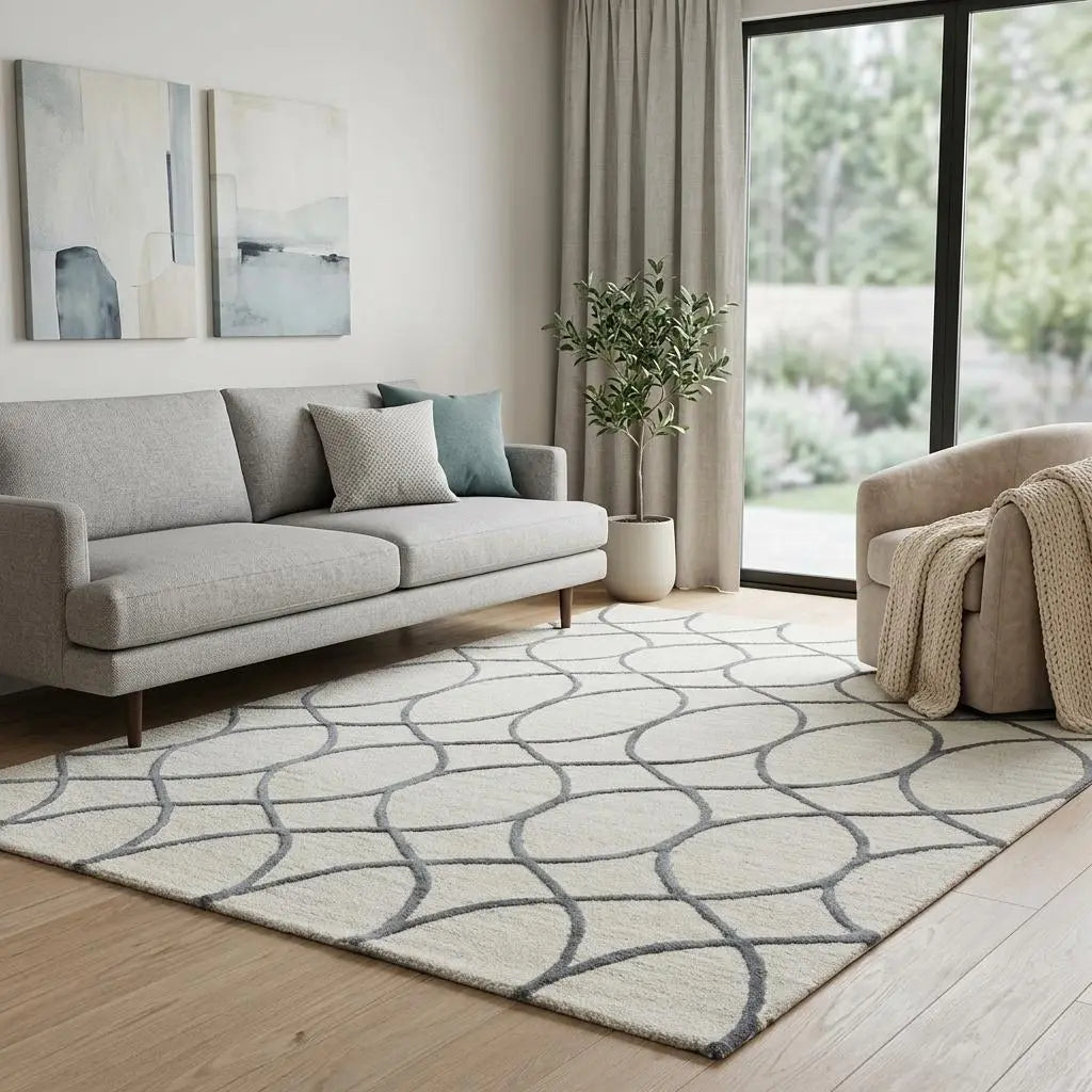 10' Ivory And Gray Wool Trellis Hand Tufted Round Rug Homeroots Home Decor