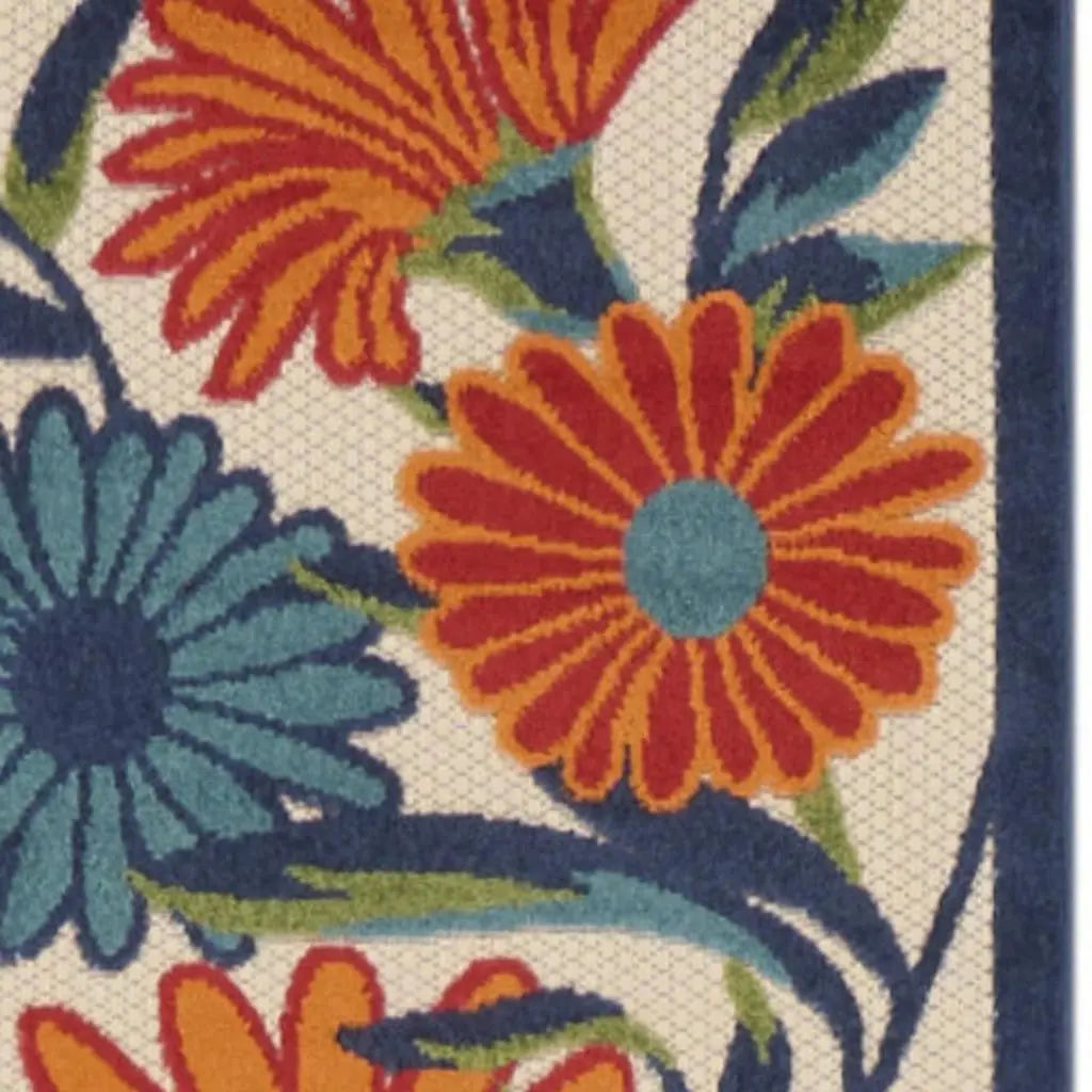 10' Ivory Blue And Orange Floral Indoor Outdoor Runner Rug Homeroots Outdoor