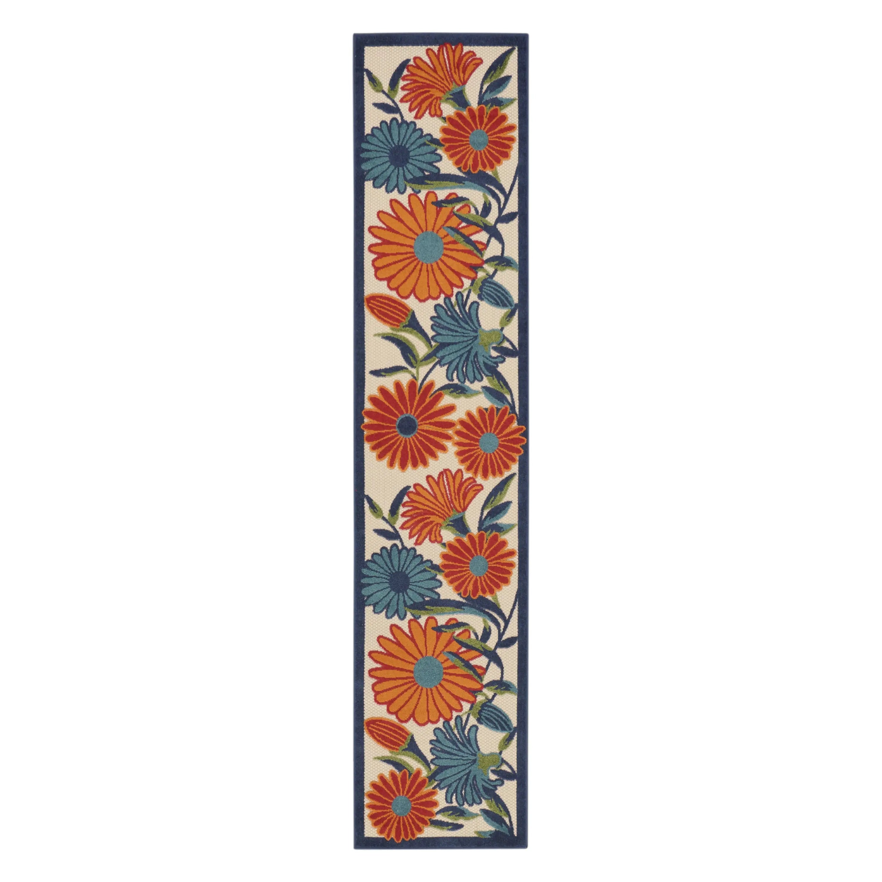 10' Ivory Blue And Orange Floral Indoor Outdoor Runner Rug Homeroots Outdoor