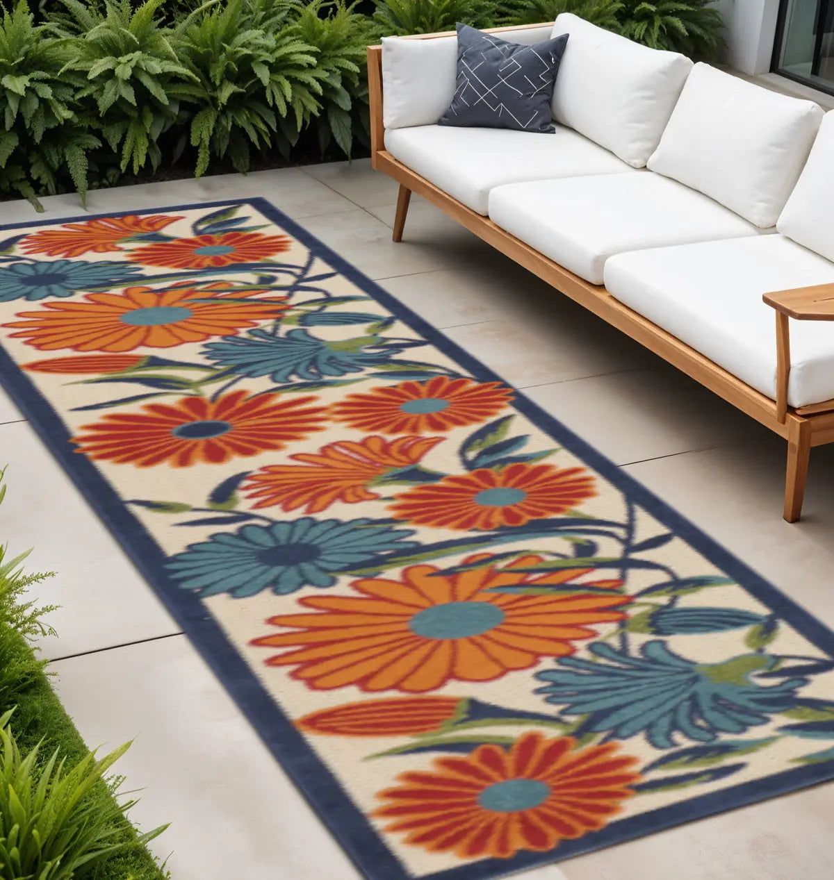 10' Ivory Blue And Orange Floral Indoor Outdoor Runner Rug Homeroots Outdoor