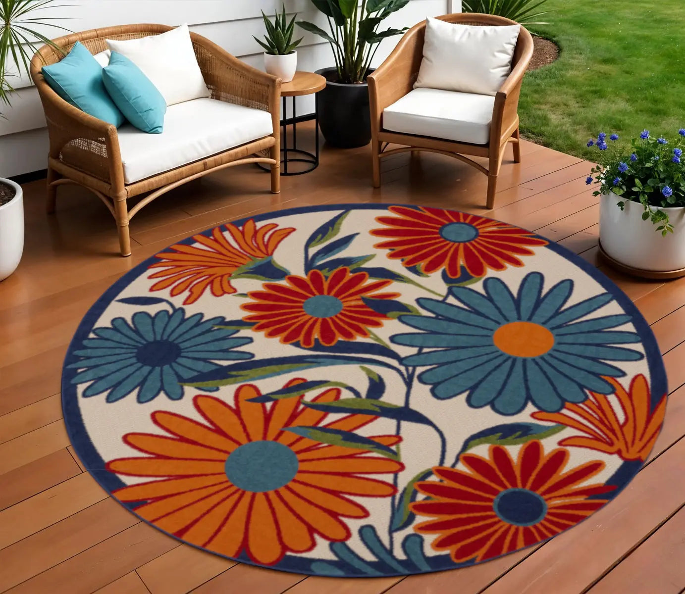 10' Ivory Blue And Orange Round Floral Indoor Outdoor Area Rug Homeroots Outdoor