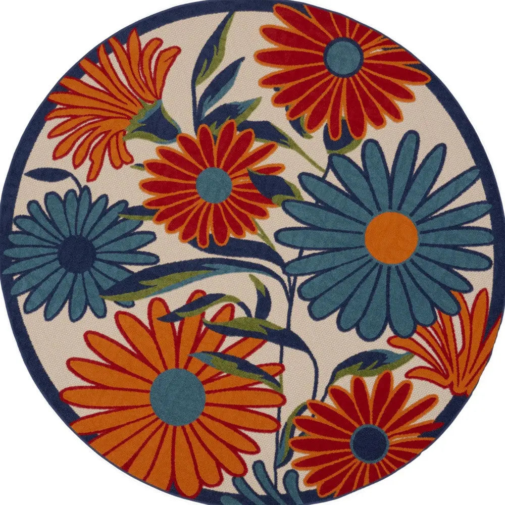 10' Ivory Blue And Orange Round Floral Indoor Outdoor Area Rug Homeroots Outdoor