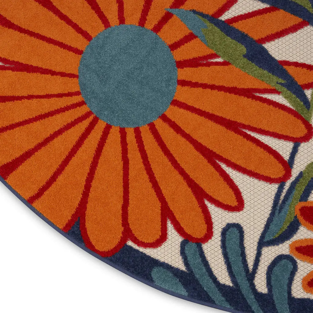 10' Ivory Blue And Orange Round Floral Indoor Outdoor Area Rug Homeroots Outdoor