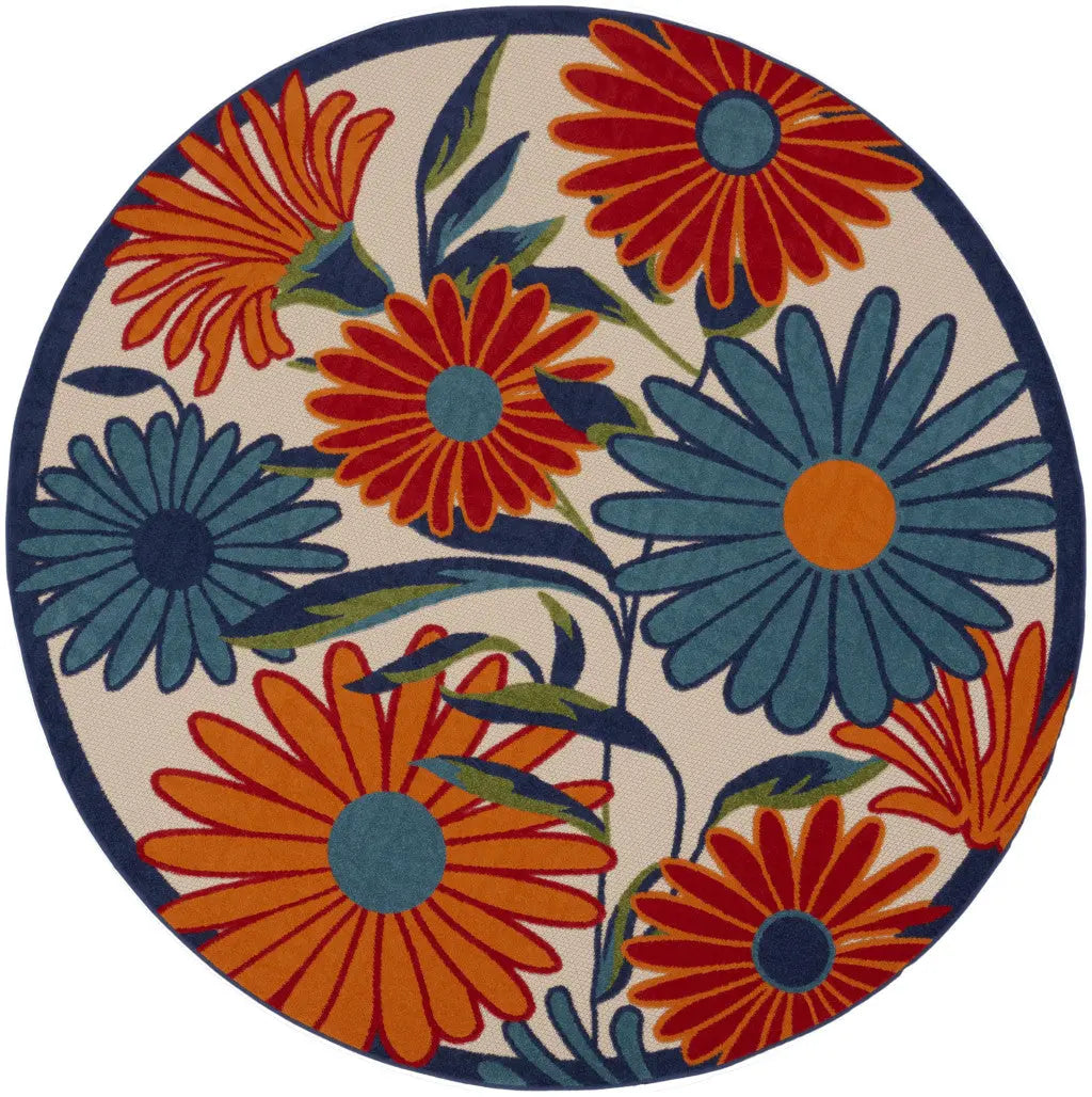 10' Ivory Blue And Orange Round Floral Indoor Outdoor Area Rug Homeroots Outdoor