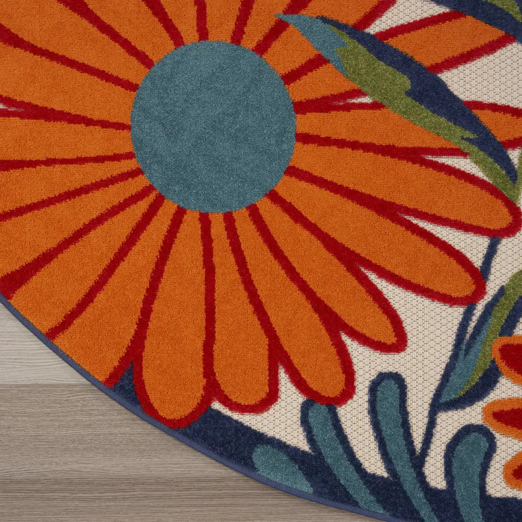 10' Ivory Blue And Orange Round Floral Indoor Outdoor Area Rug Homeroots Outdoor