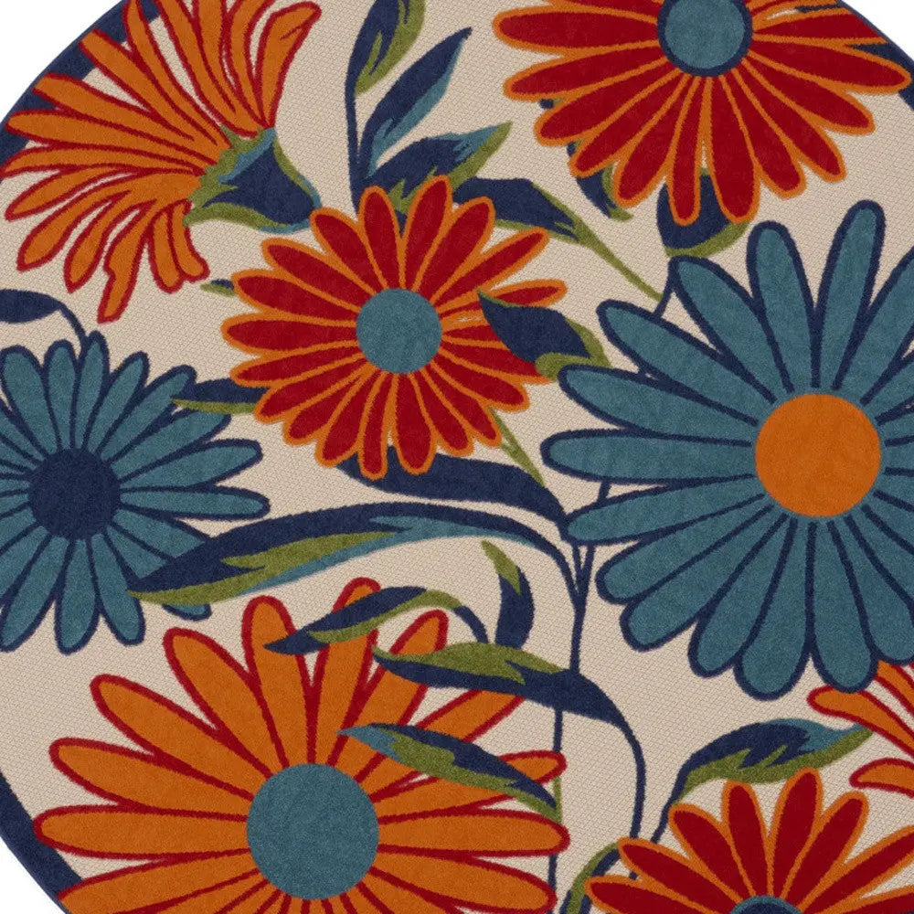 10' Ivory Blue And Orange Round Floral Indoor Outdoor Area Rug Homeroots Outdoor