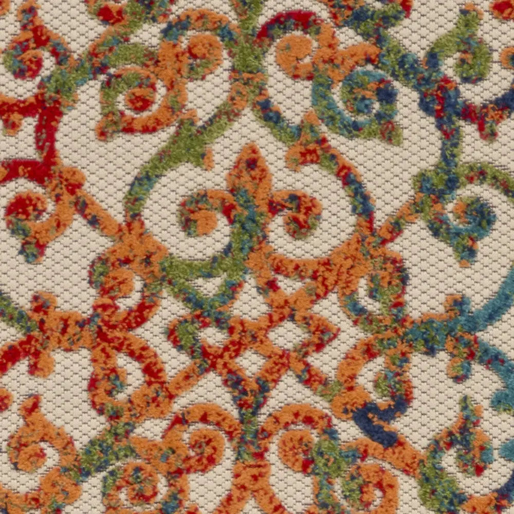 10' Ivory Blue Orange And Green Trellis Indoor Outdoor Runner Rug Homeroots Outdoor