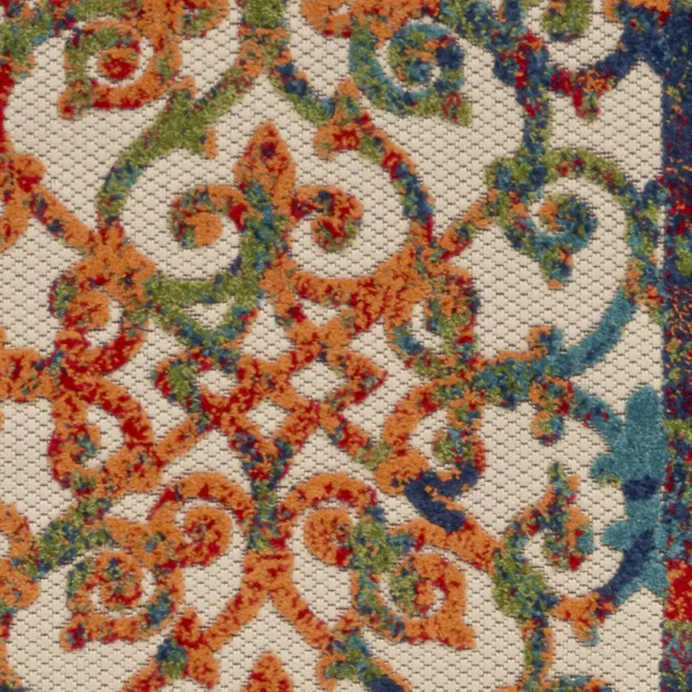 10' Ivory Blue Orange And Green Trellis Indoor Outdoor Runner Rug Homeroots Outdoor