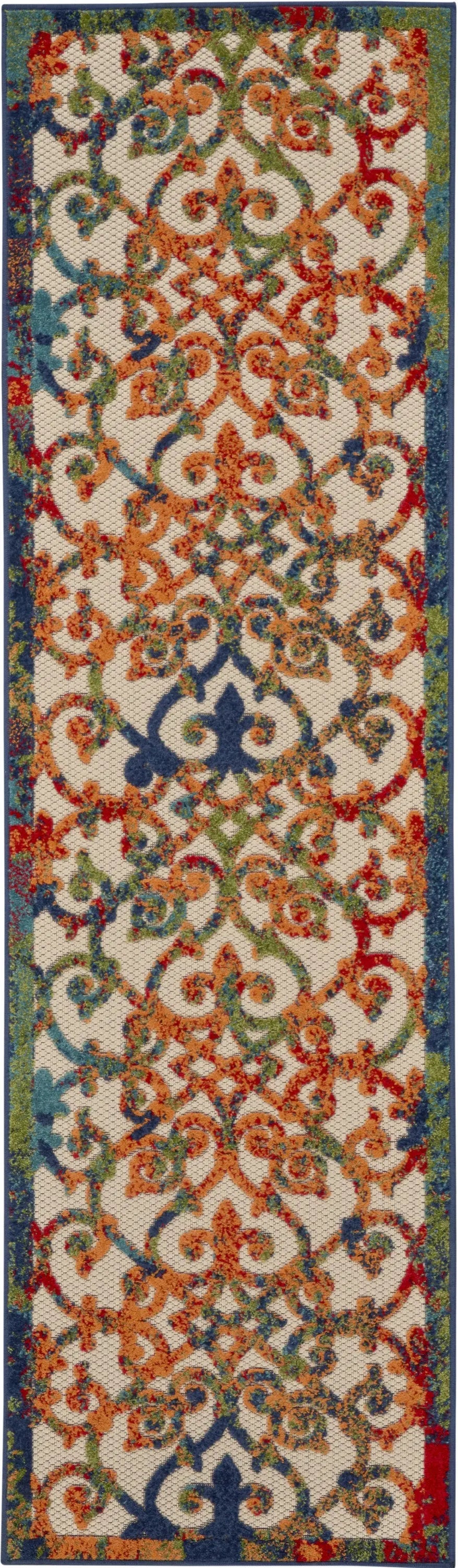 10' Ivory Blue Orange And Green Trellis Indoor Outdoor Runner Rug Homeroots Outdoor