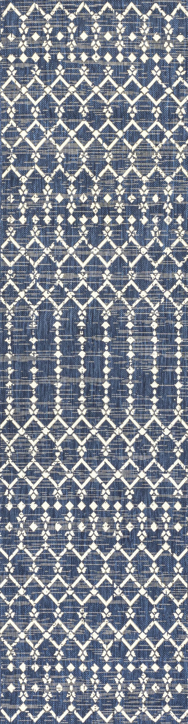 10' Navy Blue And Beige Trellis Indoor Outdoor Runner Rug Homeroots Outdoor