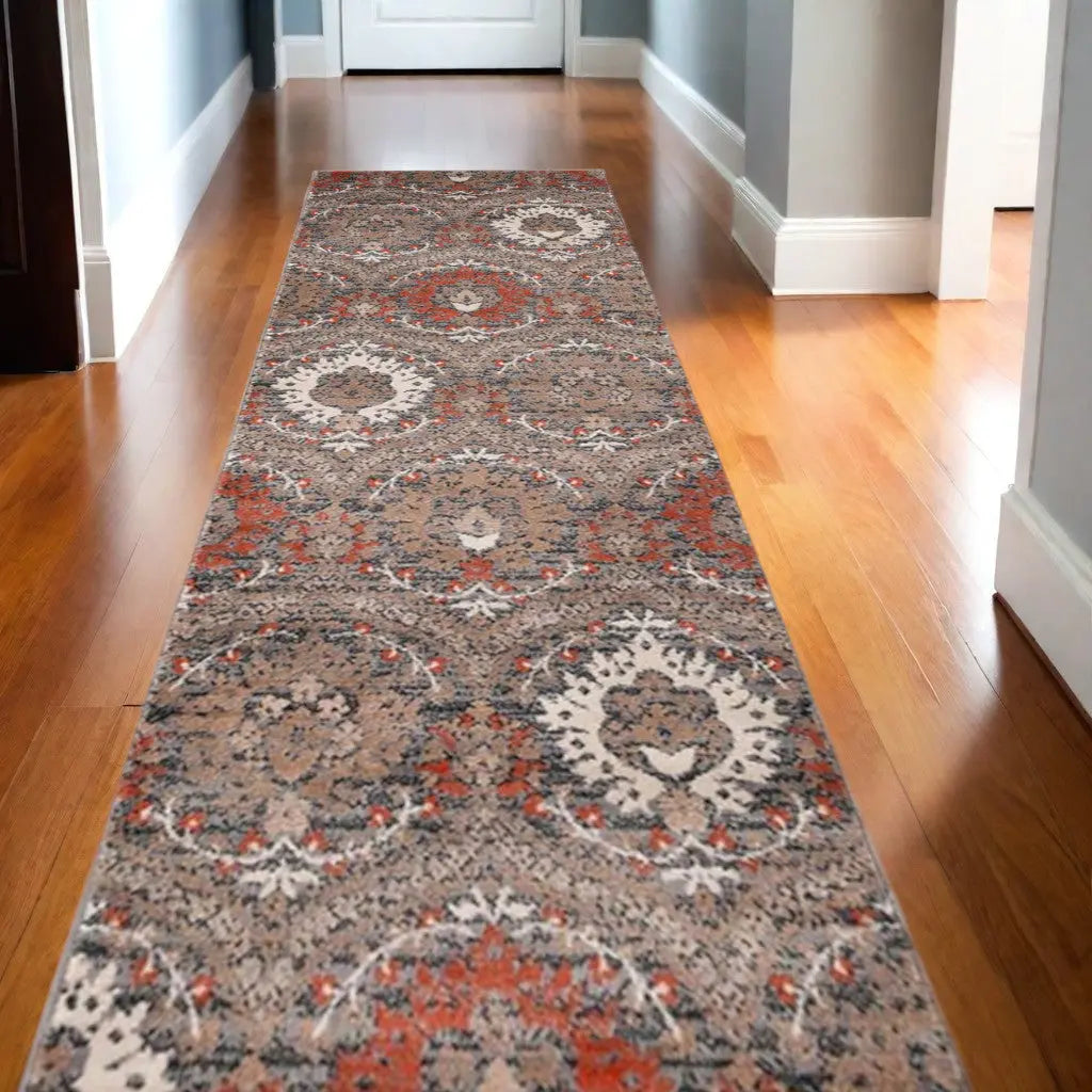 10' Rust Brown And Gray Floral Runner Rug Homeroots Home Decor