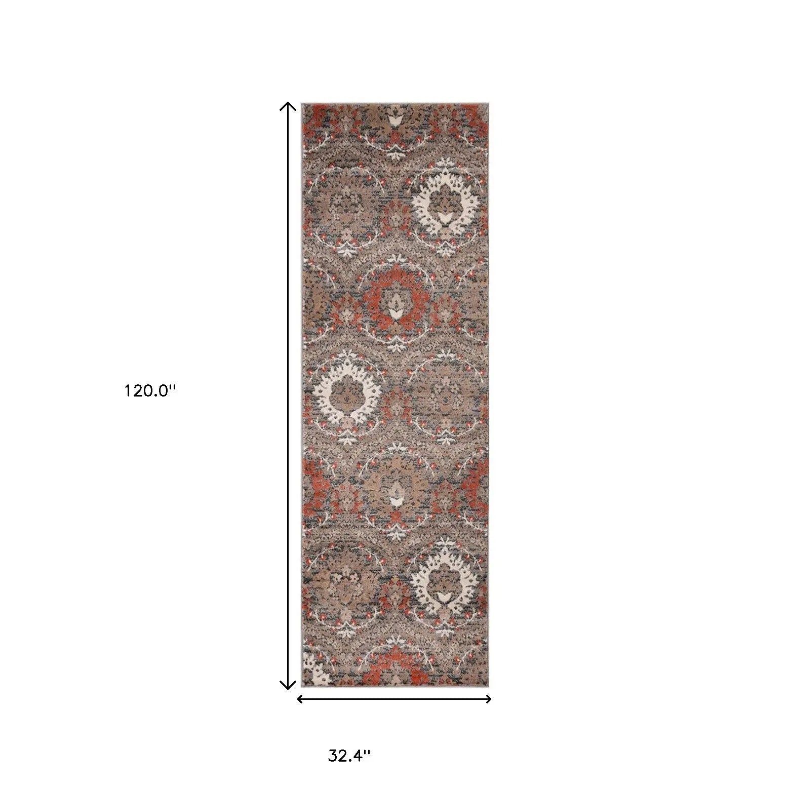 10' Rust Brown And Gray Floral Runner Rug Homeroots Home Decor