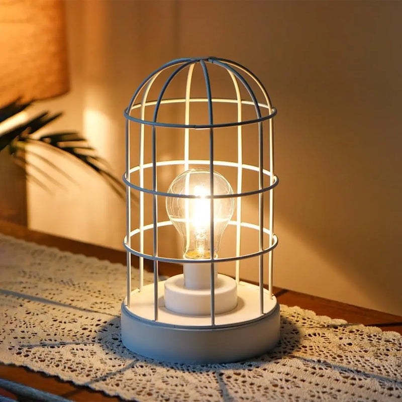 10" White Battery Operated Lamp With Cage Cylinder Shade - GreatEagleInc