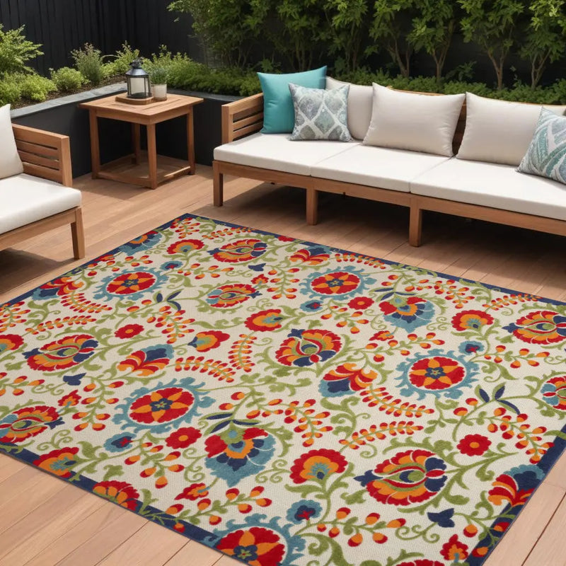 10' X 13' Blue And Beige Indoor Outdoor Area Rug - GreatEagleInc