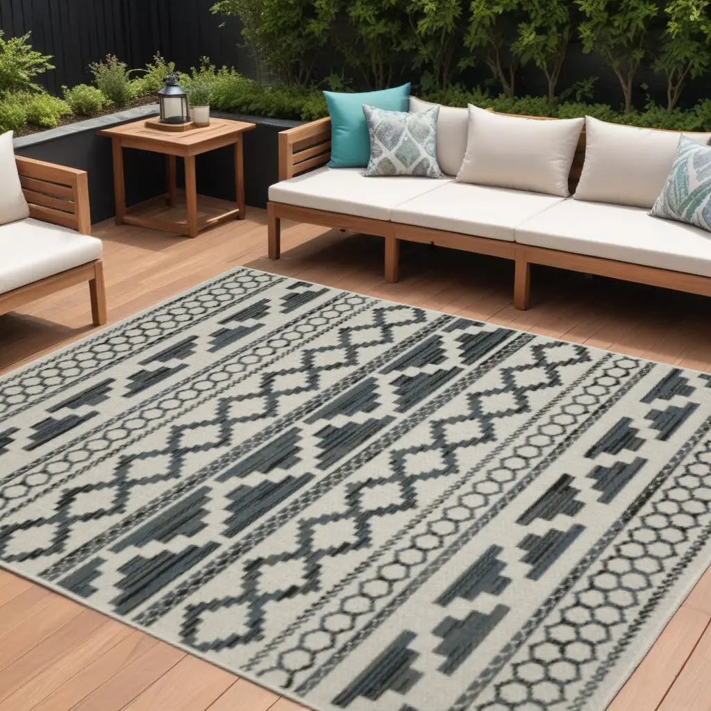 10' X 13' Blue and Beige Geometric Stain Resistant Indoor Outdoor Area Rug Homeroots Outdoor