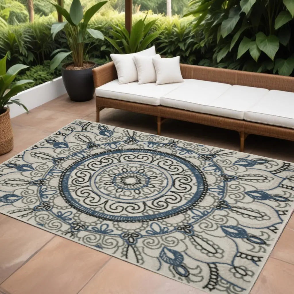 10' X 13' Blue and Beige Geometric Stain Resistant Indoor Outdoor Area Rug Homeroots Outdoor