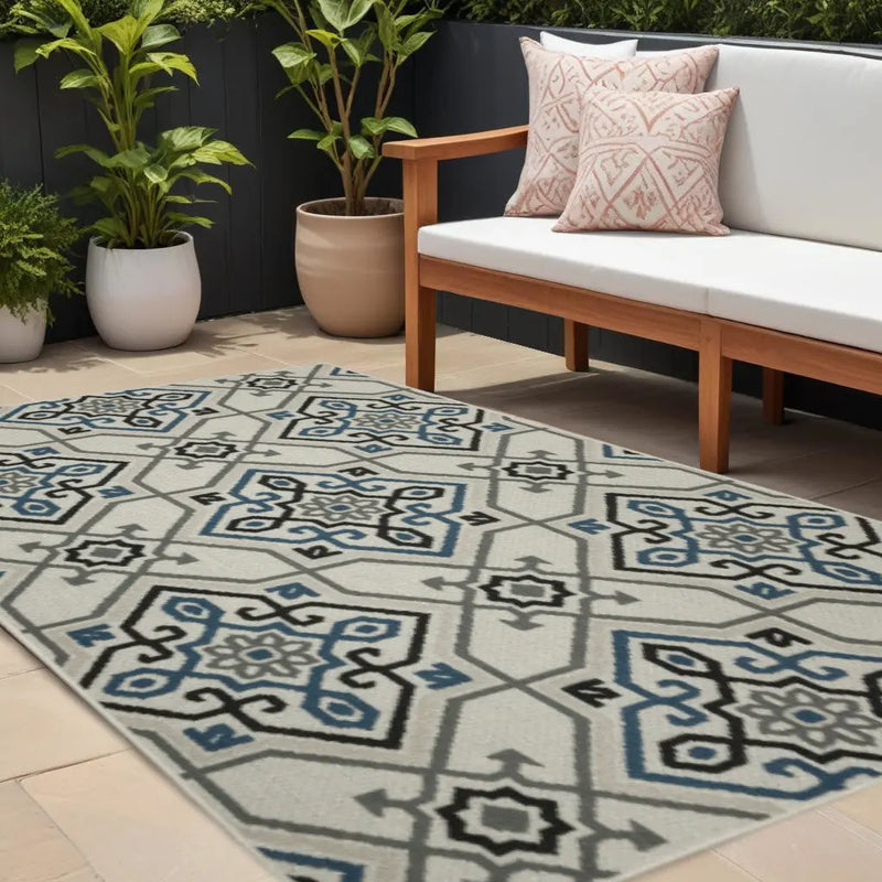 10' X 13' Blue and Beige Oriental Stain Resistant Indoor Outdoor Area Rug Homeroots Outdoor