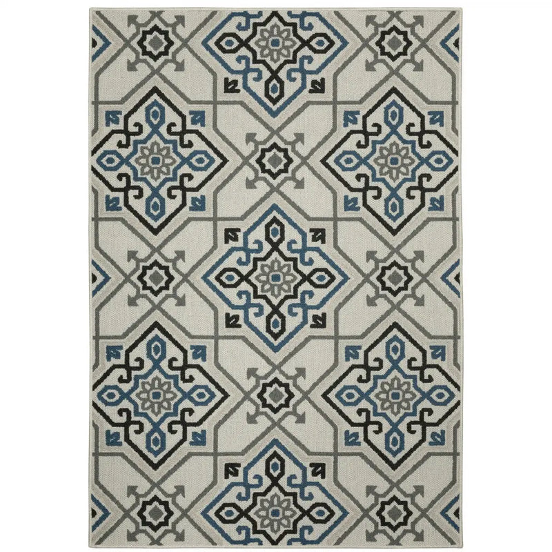 10' X 13' Blue and Beige Oriental Stain Resistant Indoor Outdoor Area Rug Homeroots Outdoor