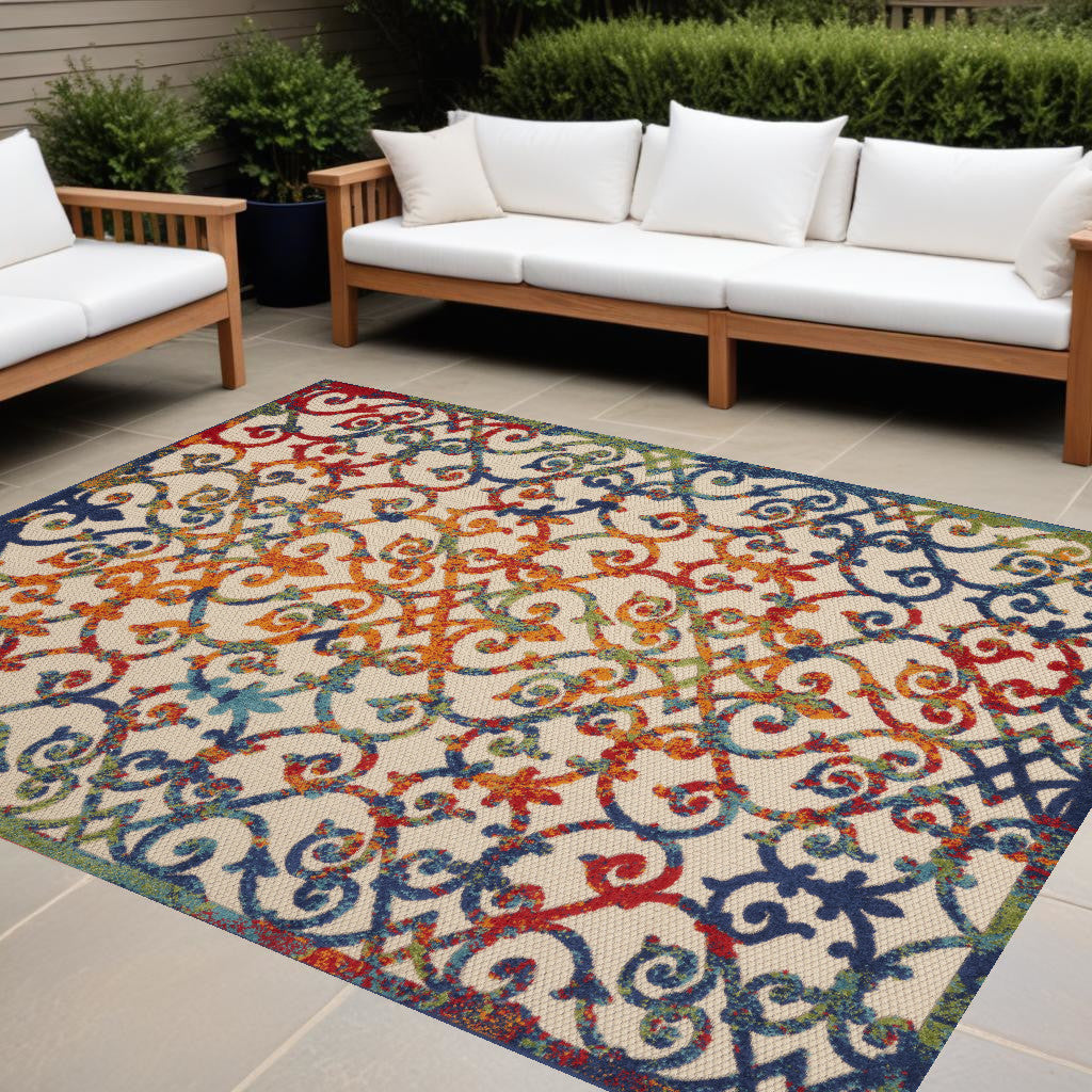 10' X 13' Ivory And Blue Indoor Outdoor Area Rug - GreatEagleInc
