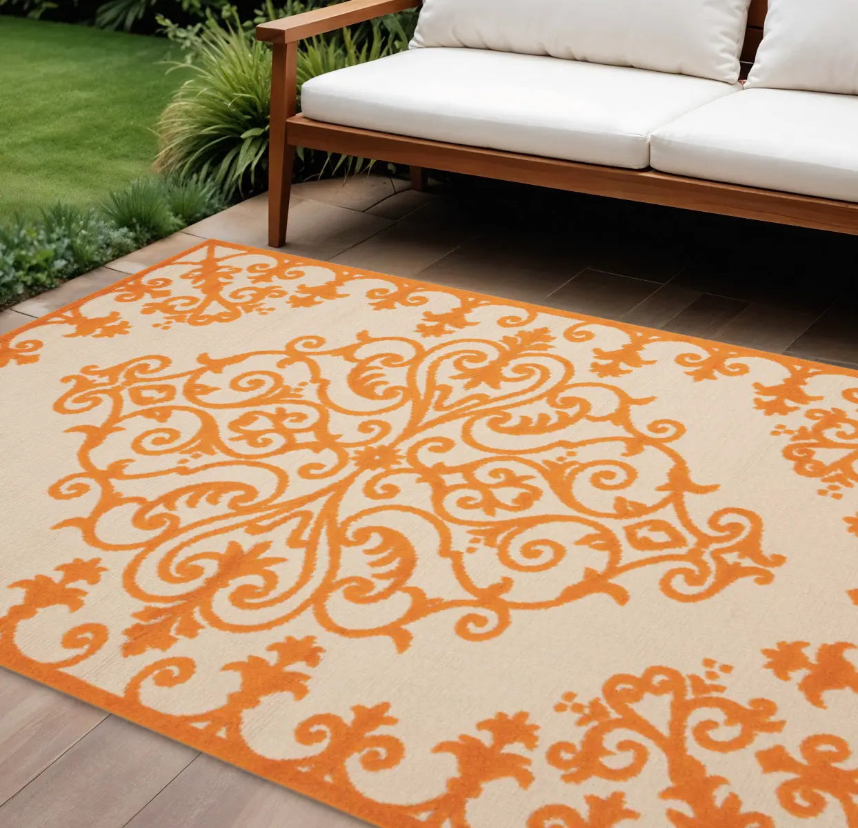 10' X 13' Orange And Ivory Indoor Outdoor Area Rug - GreatEagleInc