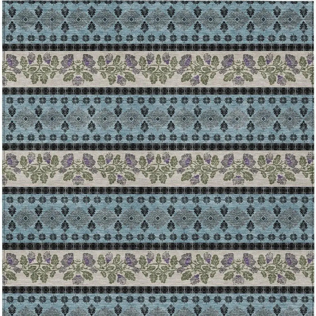 10' X 14' Aqua And Charcoal Striped Washable Indoor Outdoor Area Rug Homeroots Outdoor