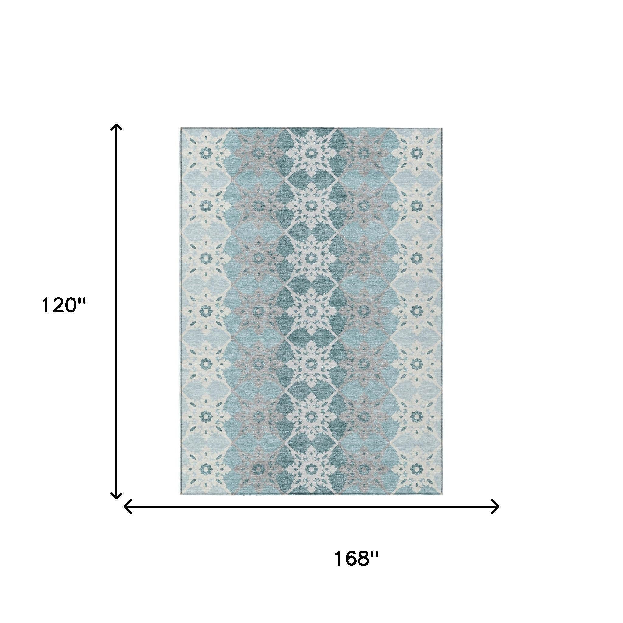 10' X 14' Aqua And Teal Blue Floral Medallion Washable Indoor Outdoor Area Rug Homeroots Outdoor